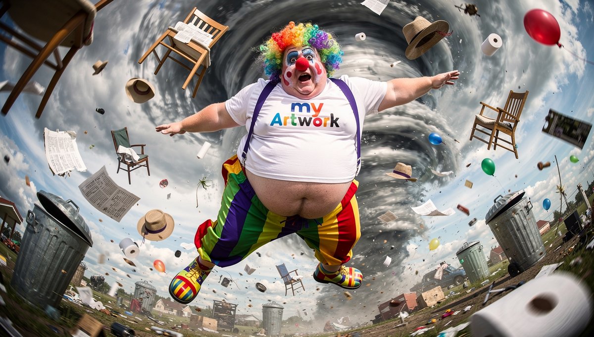 A clown caught in a tornado — the kind of mockup we don't make